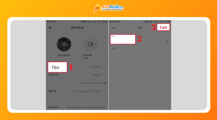 Nhập tên hiển thị mới trên TikTok, chọn tên phù hợp với thương hiệu và lưu thay đổi hồ sơ.