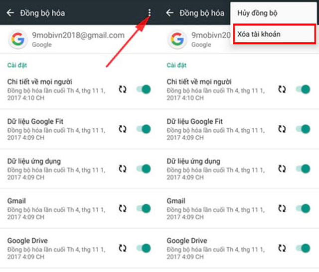  -Cách xóa tài khoản Google trên Android Bước 1: Để xóa tài khoản Google trên thiết bị Android, bạn truy cập vào Settings (Cài đặt) –>Accounts and sync (Tài khoản và đồng bộ) Bước 2: Khi giao diện tài khoản và đồng bộ hiện ra, các bạn nhấn vào mục Google và chọn tài khoản Google muốn xóa như hình dưới đây Bước 3: Tại giao diện thông tin tài khoản Google, bạn nhấn vào biểu tượng dấu 3 chấm góc trên bên phải rồi chọn Delete account (Xóa tài khoản) Bước 4: Cuối cùng nhấn Delete account (Xóa tài khoản) để xác nhận tiến trình xóa tài khoản Google trên thiết bị Android này. Cách thêm và cách xóa tài khoản Google trên Android chỉ với vài thao tác đơn giản sẽ giúp bạn tiết kiệm được thời gian thao tác trên điện thoại.