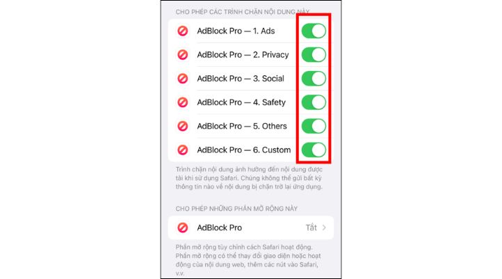 Bật các tiện ích của AdBlock Pro để tắt quảng cáo Facebook trên điện thoại