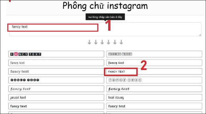 Giao diện công cụ online Instagram Fonts Generator 