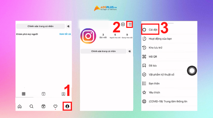 Bước 2 để liên kết tài khoản Instagram và Facebook. Bấm chọn icon Trang cá nhân, sau đó chọn 3 gạch ở góc trên màn hình và nhấn vào mục Tài khoản.