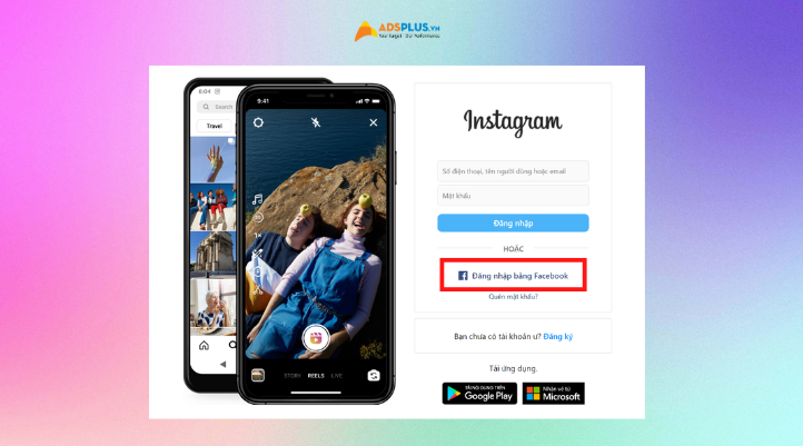 Bước 1 truy cập vào link Instagram, sau đó chọn Đăng nhập bằng Facebook