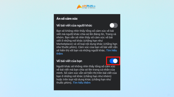 Cuối cùng chọn bật tính năng Ẩn số cảm xúc Về bài viết của bạn