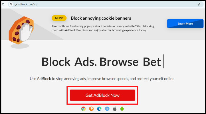 Chọn ô Get AdBlock Now màu đỏ giữa màn hình là bước đầu trong cách chặn quảng cáo trên Messenger dựa vào AdBlock