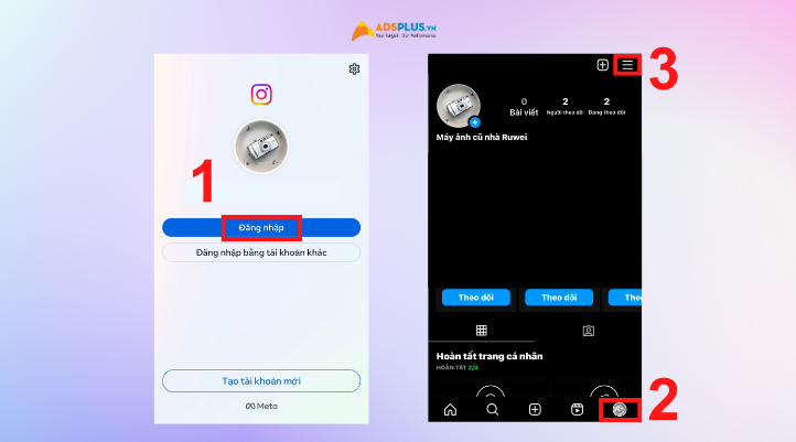 Bước đầu tiên khóa tài khoản Instagram là Đăng nhập tài khoản. Chọn biểu tượng ảnh đại diện và dấu ba gạch.