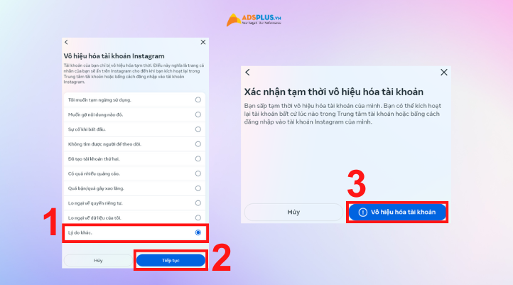 Bước cuối cùng của cách khóa Instagram là chọn Lý do khóa tài khoản và bấm Vô hiệu hóa tài khoản.