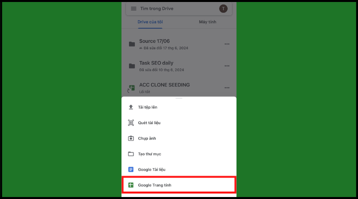 Chọn Google trang tính trong menu thả ra
