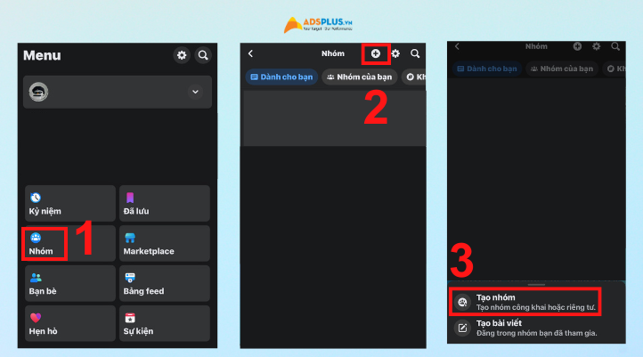 Bước tiếp theo chọn vào Nhóm và chọn dấu cộng. Sau đó nhấn vào Tạo nhóm.