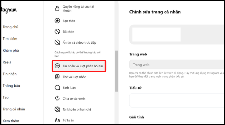 Cách tắt trạng thái hoạt động bước 2 là chọn ô Tin nhắn và lượt phản hồi tin có biểu tượng mesenger