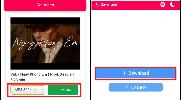Chọn định dạng MP3, nhấn Get link và tải về