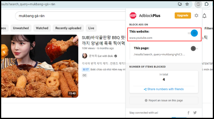 Bật chặn quảng cáo Youtube PC thì sẽ hiện tên trang web đang được áp dụng