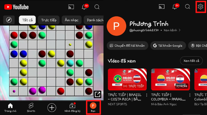 Vào Youtube và nhấn vào cài đặt