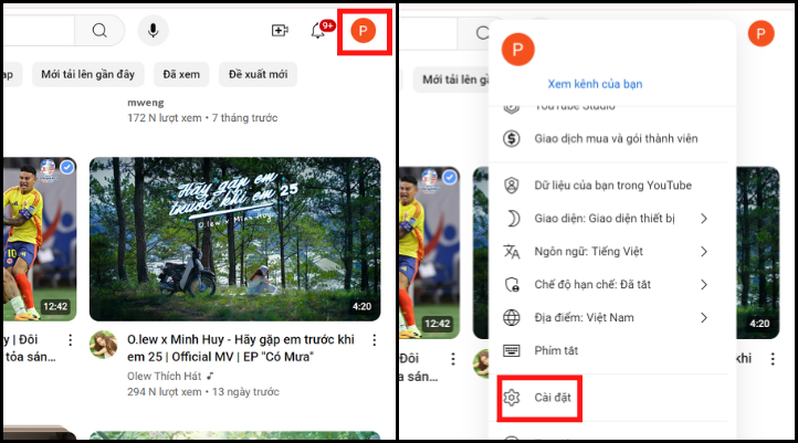 Vào Youtube và chọn Cài đặt