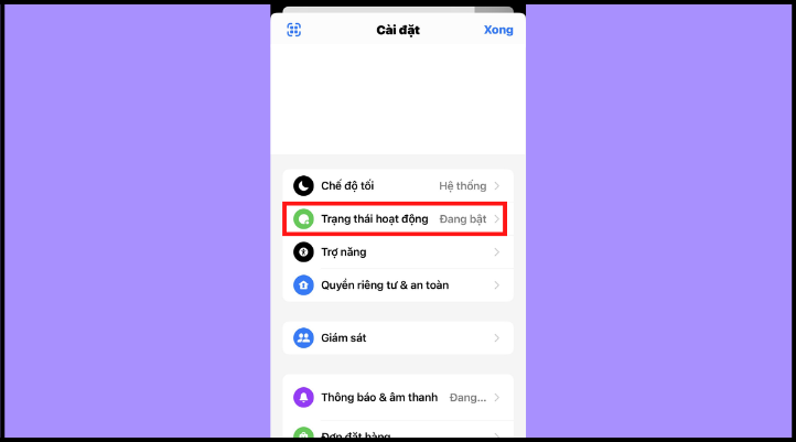 Chọn ô Trạng thái hoạt động để tắt hoạt động trên Messenger