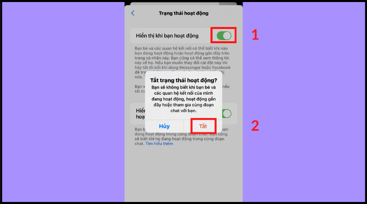 Chọn ô màu xanh rồi nhấn tắt để hoàn thành tắt hoạt động trên Messenger
