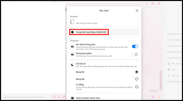 Chọn ô Trạng thái hoạt động để tắt hoạt động trên Messenger