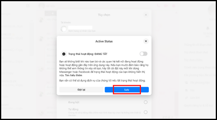 Bấm Lưu để hoàn tất tắt hoạt động trên Messenger