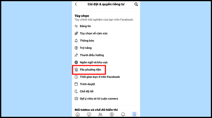 Chọn File phương tiện để tắt tự động phát video Facebook