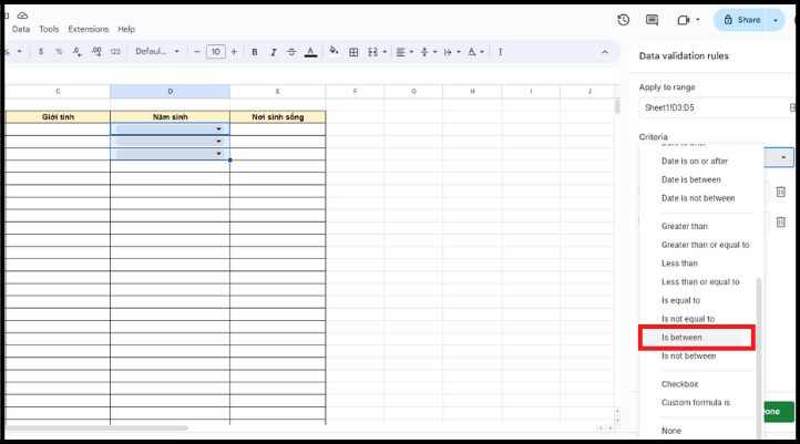 Quản lý dữ liệu hiệu quả bằng cách tạo Data Validation trong Google Sheet