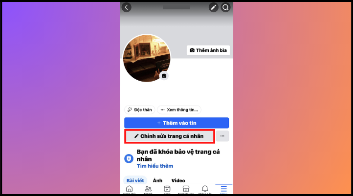 Cách hiện Instagram trên Facebook bằng điện thoại là chọn ô Chihr sửa trang cá nhân màu xám dưới avatar.