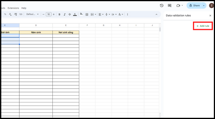 Chọn Add rule để thêm giá trị thả xuống trong cách tạo Data Validation trong Google Sheet.