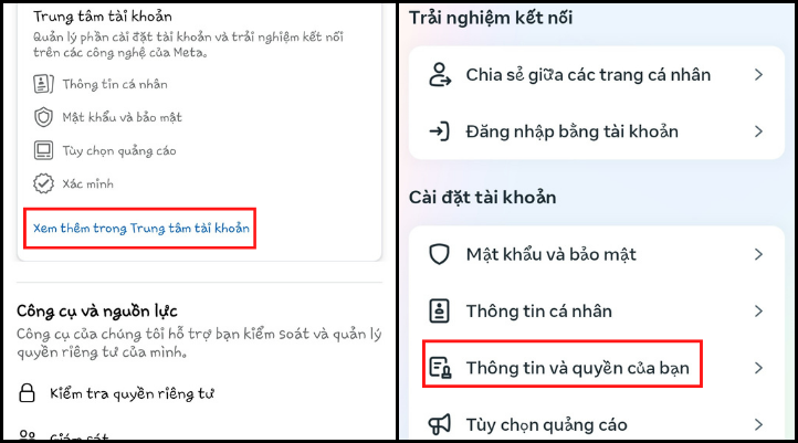 Nhấn mục Thông tin và quyền của bạn để tắt đồng bộ danh bạ