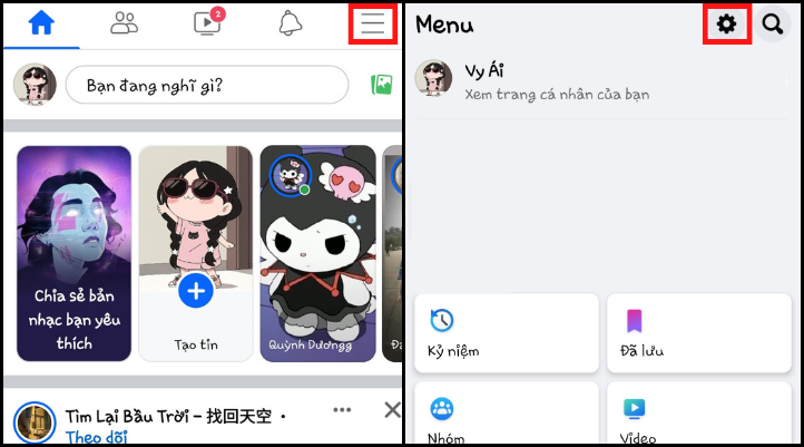 Vào Facebook và chọn cài đặt