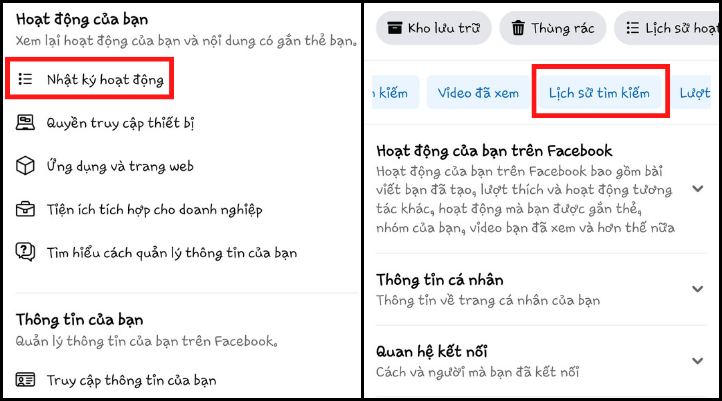 Chọn Nhật ký hoạt động và Lịch sử tìm kiếm