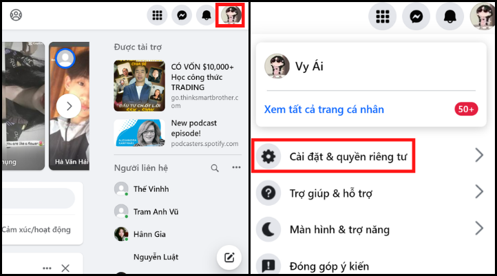 Vào Facebook và chọn cài đặt