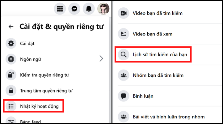 Vào Nhật ký hoạt động và chọn Lịch sử tìm kiếm của bạn