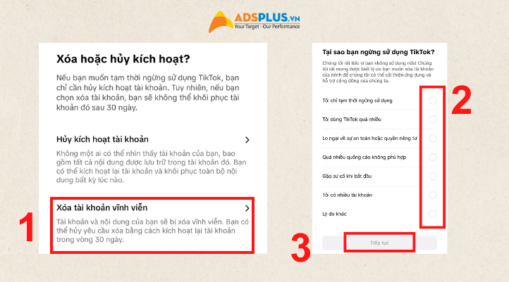 Chọn Xóa tài khoản vĩnh viễn và chọn lý do xóa TikTok nhấn Tiếp tục
