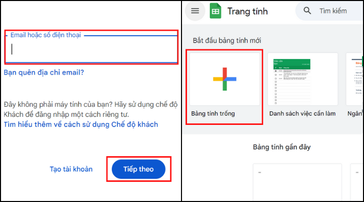 Đăng nhập vào tài khoản Google Sheets và tạo bảng tính mới