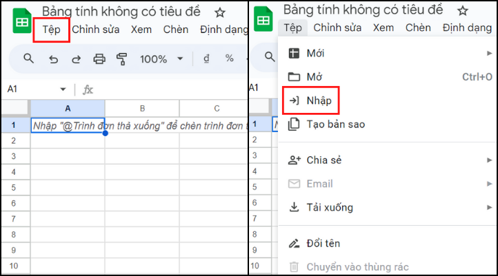 Nhấn Tệp và chọn Nhập để chuyển file