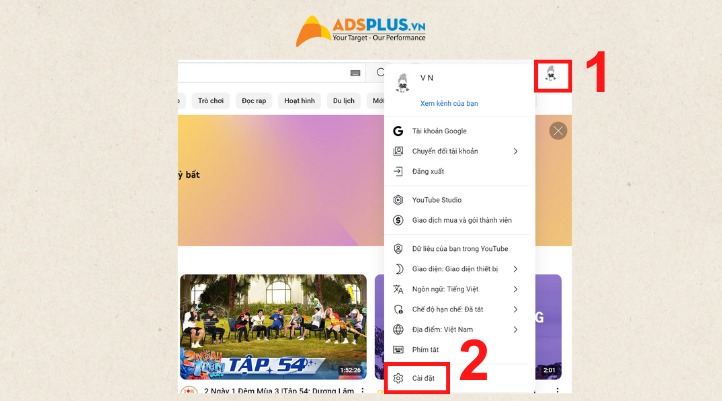 Đầu tiên chọn vào biểu tượng Avatar trên Youtube của bạn. Sau đó chọn vào Cài đặt.