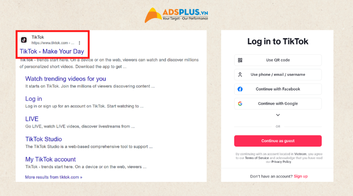 Tìm kiếm "TikTok" và chọn vào TikTok - Make Your Day". Sau đó bạn có thể đăng nhập TikTok trên máy tính bằng trình duyệt mình sử dụng