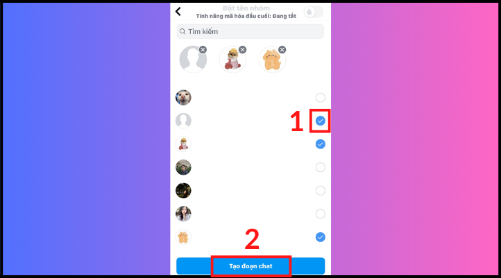 Chọn những người bạn muốn kết nối bằng cách nhấn vào ô tròn bên phải tài khoản của họ. Cuối cùng ấn nút Tạo đọa chat màu xanh là hoàn thành cách tạo nhóm trên Instagram.