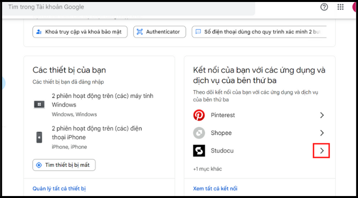 Cách xóa các tài khoản liên kết với Gmail là chọn mũi tên bên phải ứng dụng bạn muốn ngừng kết nối