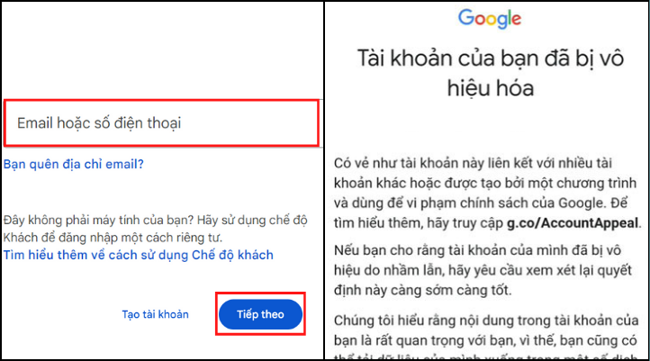 Đăng nhập vào tài khoản bị vô hiệu hóa