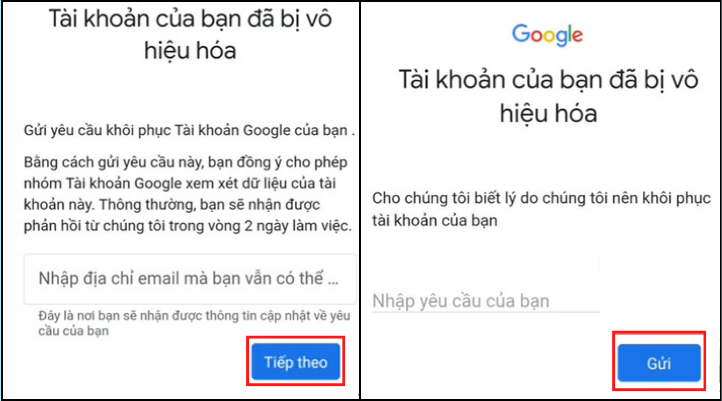 Nhập địa chỉ email khác để khôi phục và cung cấp lý do 