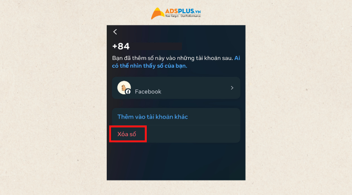 Và để thay đổi số điện thoại trên Facebook bước này bạn chọn vào Xóa số.