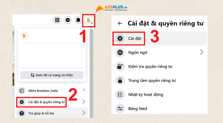 Thay đổi số điện thoại trên Facebook với bước đầu tiên là chọn vào Avatar. Chọn vào Cài đặt và quyền riêng tư.