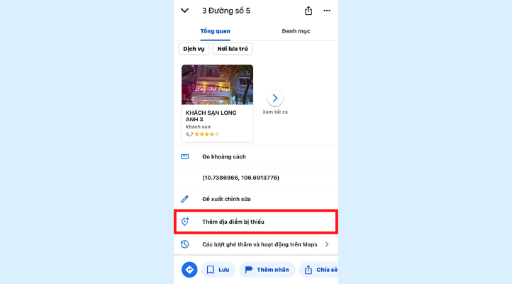 Cách ghim vị trí trên Google Map bằng điện thoại là chọn mục Thêm địa điểm bị thiếu