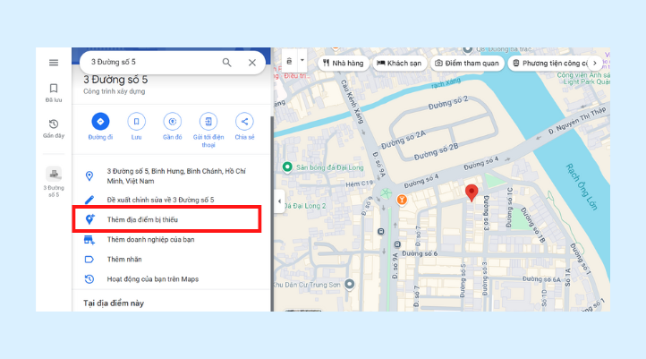 Bước tiếp theo trong cách ghim vị trí trên Google Map bằng máy tính là nhìn qua thanh menu bên trái và tìm chọn mục Thêm địa điểm bị thiếu