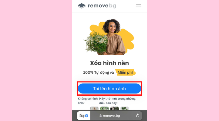 Bắt đầu cách làm avatra trong suốt trên TikTok bằng cách lên trình duyệt remove.bg và nhấn vào nút Tải lên hình ảnh màu xanh giữa màn hình