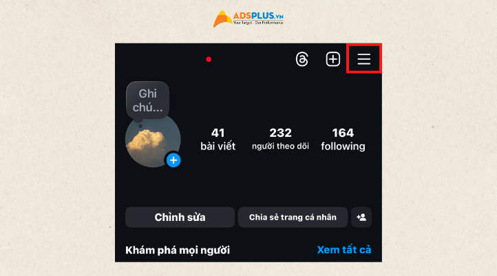 Bước 1: Truy cập vào Instagram và chọn dấu 3 gạch ở trang cá nhân.