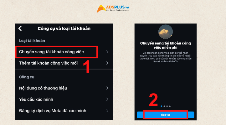 Bước 3: Chọn chuyển sang tài khoản công việc và nhấn Tiếp tục.