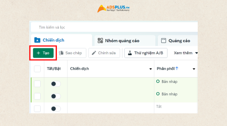 Bước đầu tiền vào Trình quản lý quảng cáo và nhấn Tạo