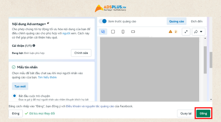 Cuối cùng kiểm tra chiến dịch và nhấn Đăng là bạn đã hoàn thành cách chạy quảng cáo Livestream Facebook