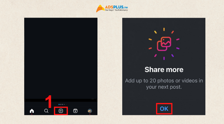 Vào lại ứng dụng Instagram và chọn dấu cộng để đăng bài. Tiếp theo chọn OK ở phần Share more