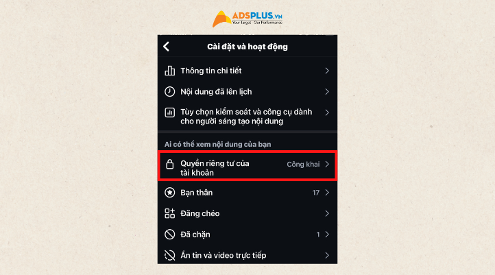 Bước 2: Chọn vào Quyền riêng tư của tài khoản.